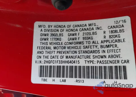 2017 Honda Civic Ex-T from USA, damaged, VIN 2HGFC1F33HH640415